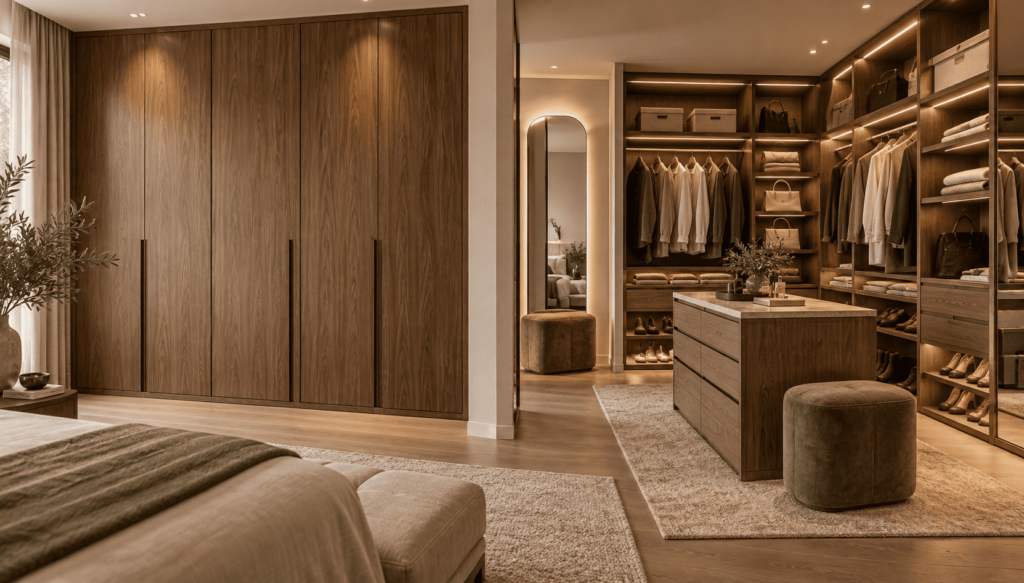 Clóset con puertas de madera junto a un vestidor abierto con cajones, repisas e iluminación integrada