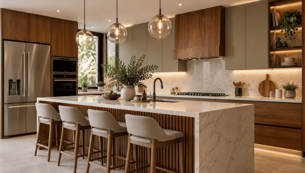 Diseño conceptual de cocina a medida con gabinetes de madera, isla central y cubierta clara